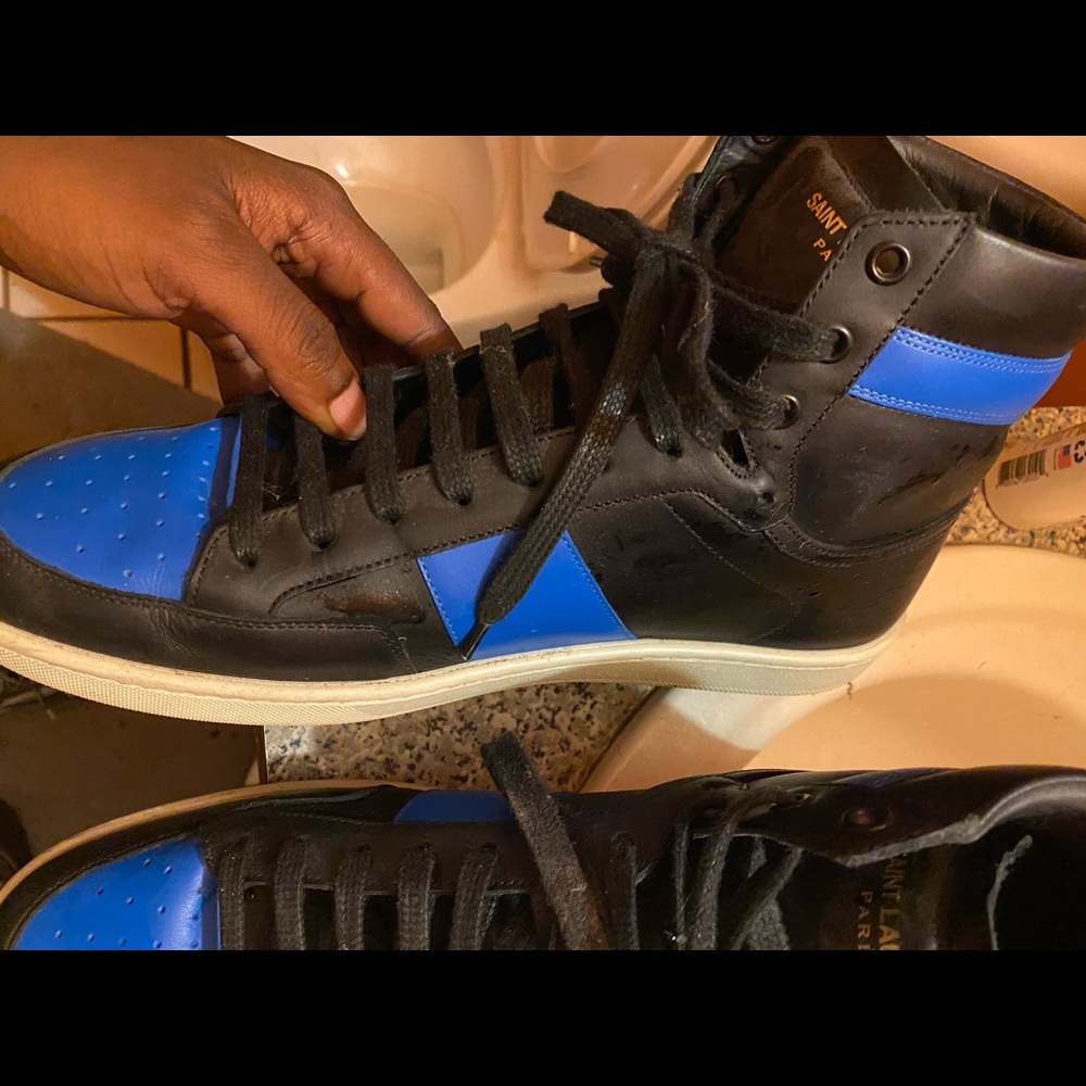 - Saint Laurent Leather High-Top Sneaker, Black/Blue - Picture 5 of 10